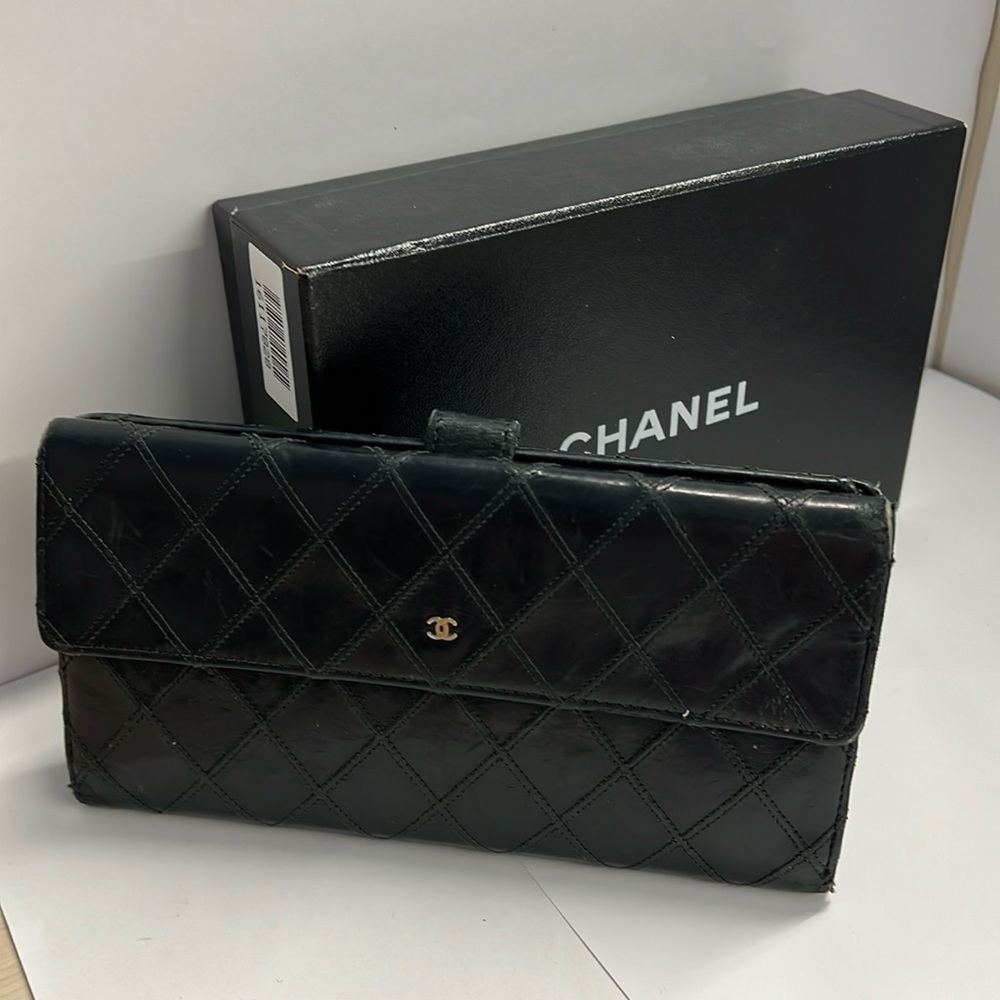 Chanel Black Quilted Lambskin Leather Clutch Long Portef Rab Gous Wallet in Box